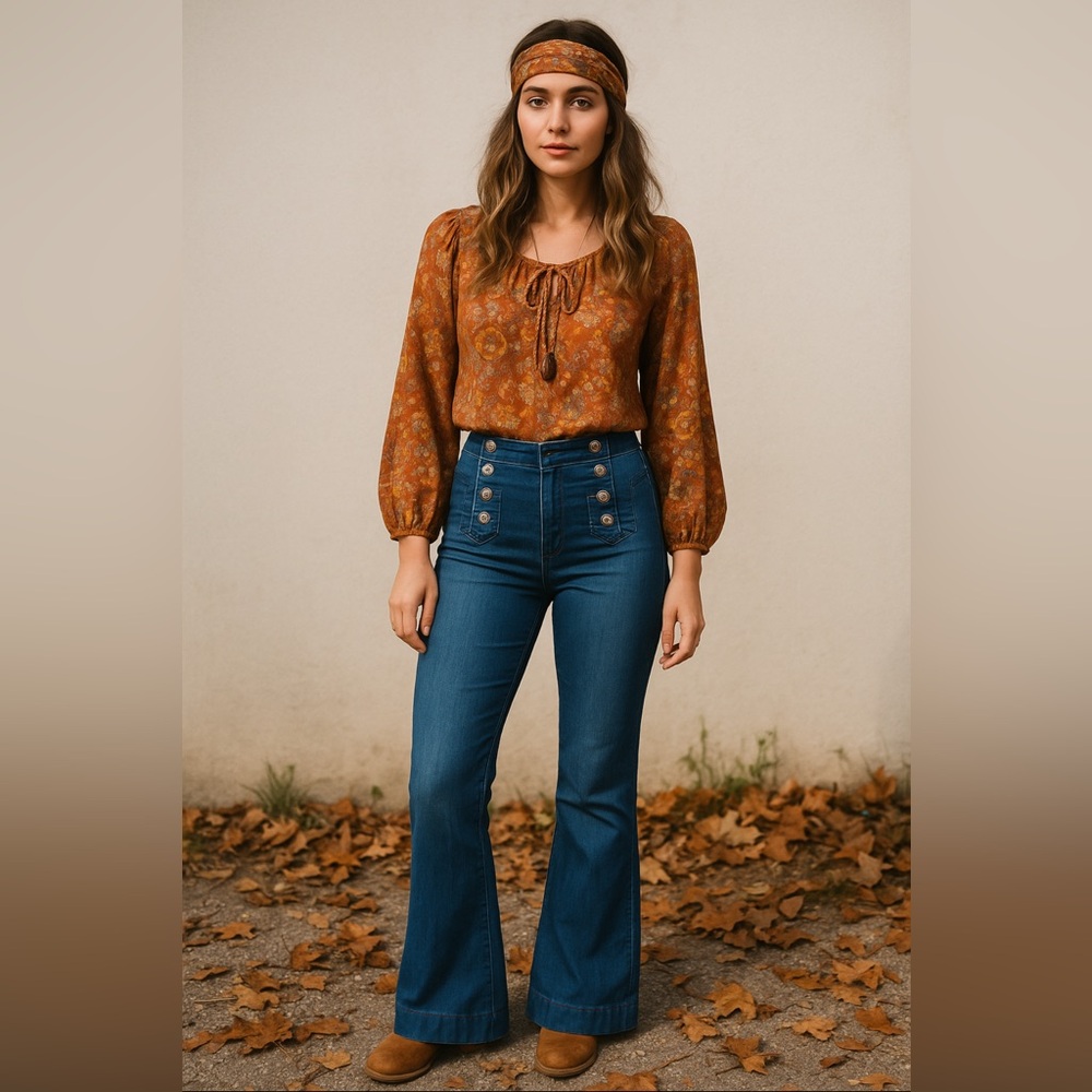 Vintage Medium Wash Blue Flared Pull-On Jeans with Sailor Style Button Details